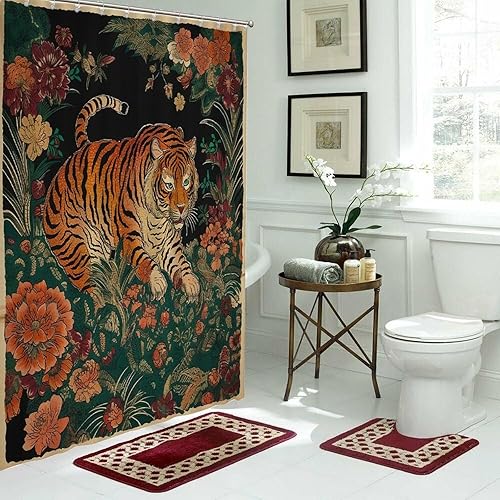 Miniatura 838 de Cortinas de ducha de baño con ganchos, 72 x 92 pulgadas, cortina de ducha de tela impermeable con diseño de flores y pájaros, cortina de ducha