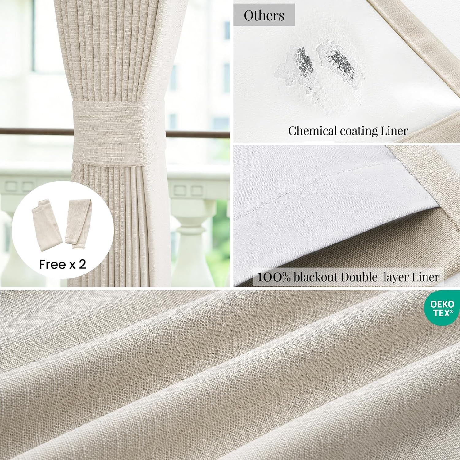 Topfinel Natural Linen Blackout Curtains with Back Tab for Tracks 96 Inch Long, Room Darkening Memory Trained Linen Drapes, Elegant Noise Cancelling Patio Door Curtains, Cream Beige,52" W*96" L