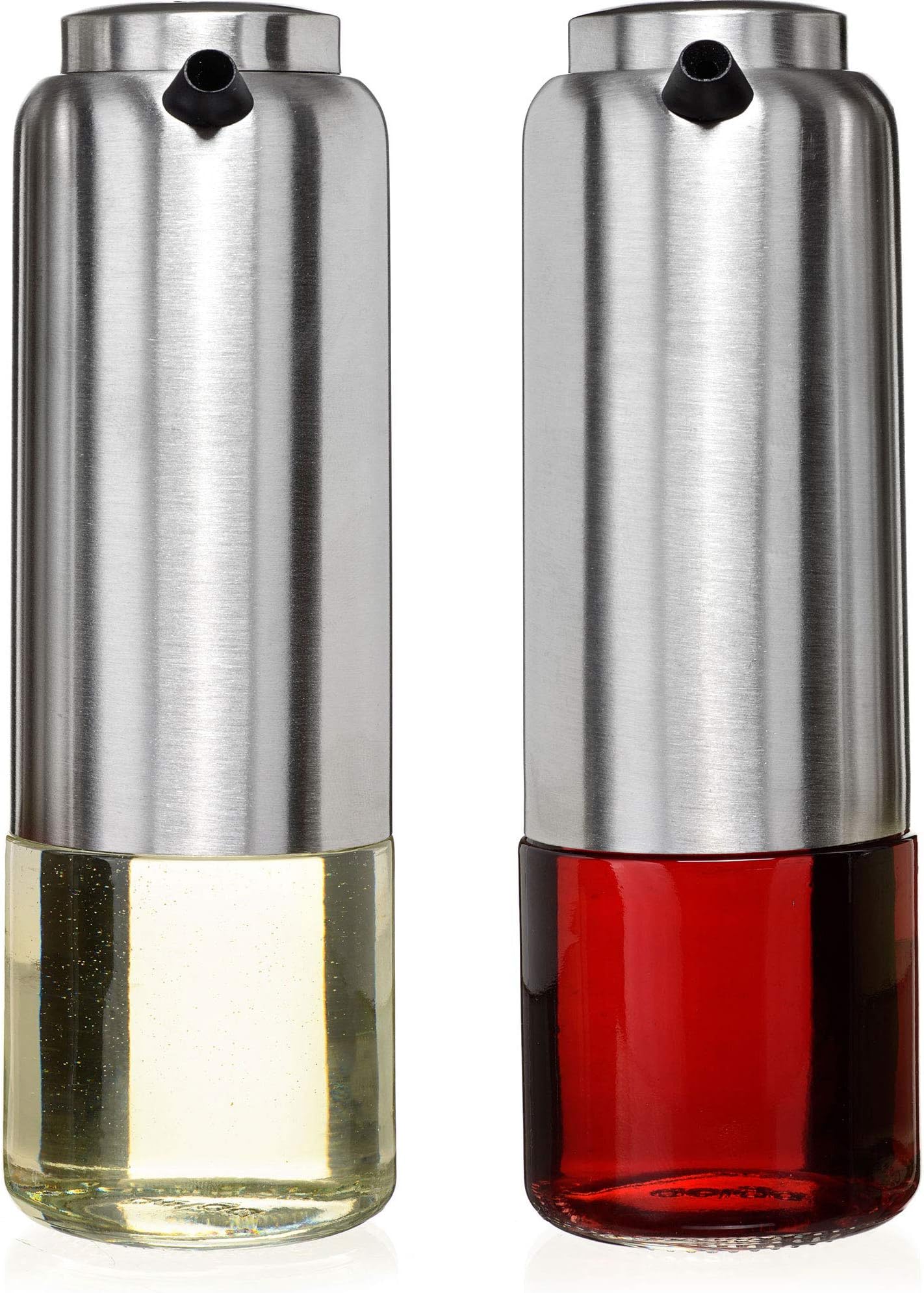 Olive Oil and Vinegar Cruet Dispenser Set with Elegant Glass Bottle and Drip Free Design - Stainless Steel