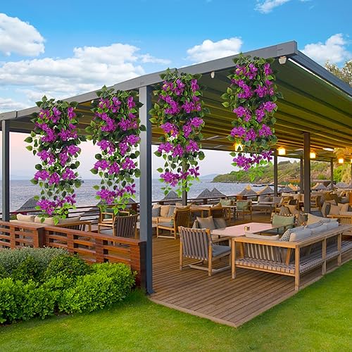 Miniatura 6 de Flores artificiales colgantes de buganvilla, plástico falso resistente a los rayos UV, tela de flores sintéticas para interiores y exteriores,