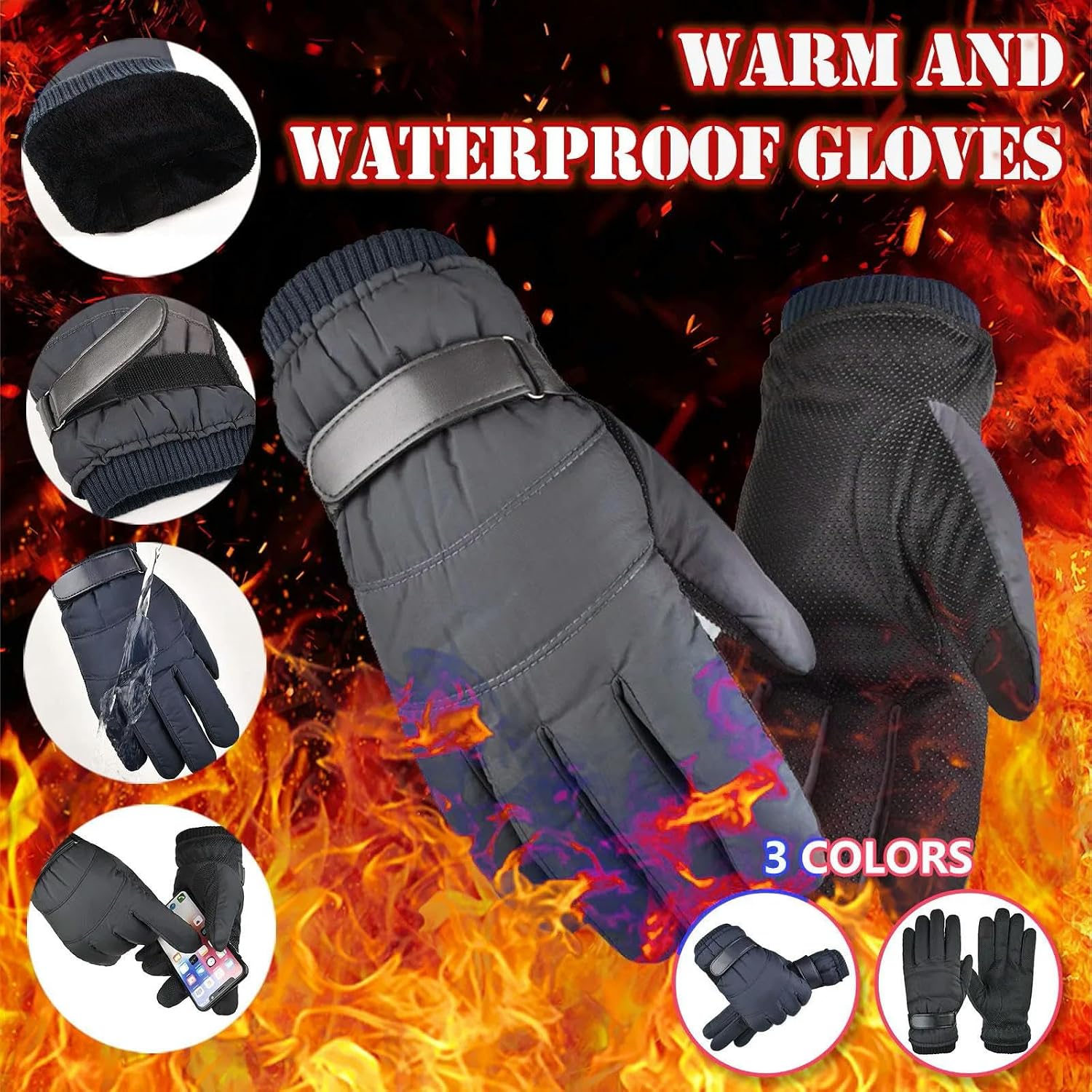 Men Winter Gray Black Outdoor Athletic Ski Cycling Gloves Thick Fleece Warm Waterproof Windproof Touchscreen
