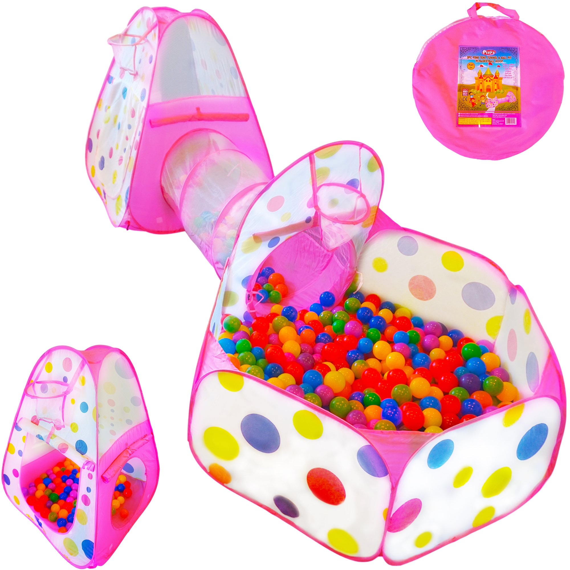 Playz3pc Kids Play Tent Crawl Tunnel and Ball Pit Pop Up Playhouse Tent with Basketball Hoop for Girls, Boys, Babies, and Toddlers for Indoor and Outdoor Use with Pink Carrying Case