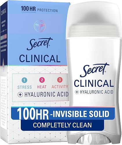 Secret Clinical Strength Invisible Solid Antiperspirant Deodorant for Women, 100HR Sweat & Odor Protection, 3X Stress Protection with Hyaluronic Acid, PH Balanced, Completely Clean Scent, 2.6 oz