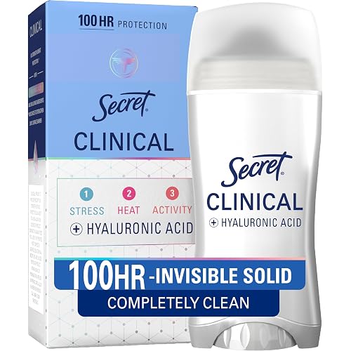 Secret Clinical Strength 100HR Antiperspirant Deodorant for Women, 3X Sweat & Odor Protection vs. Ordinary Antiperspirant, Hyaluronic Acid, Completely Clean, Invisible Solid 2.6 oz