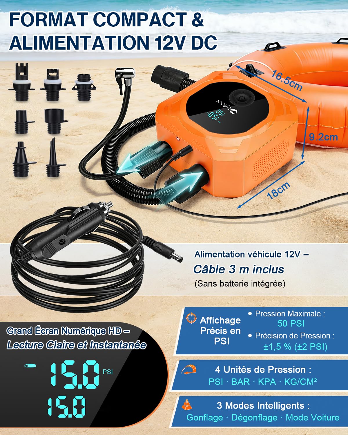 Pompe Électrique Sup (Option Avec Batterie/Sans Batterie) Lytool Gonfleur Paddle Haute Pression 50 PSI avec Arrêt Automatique Planches Stand Up Paddle,Bateaux,Kayaks,Voiture,Vélo