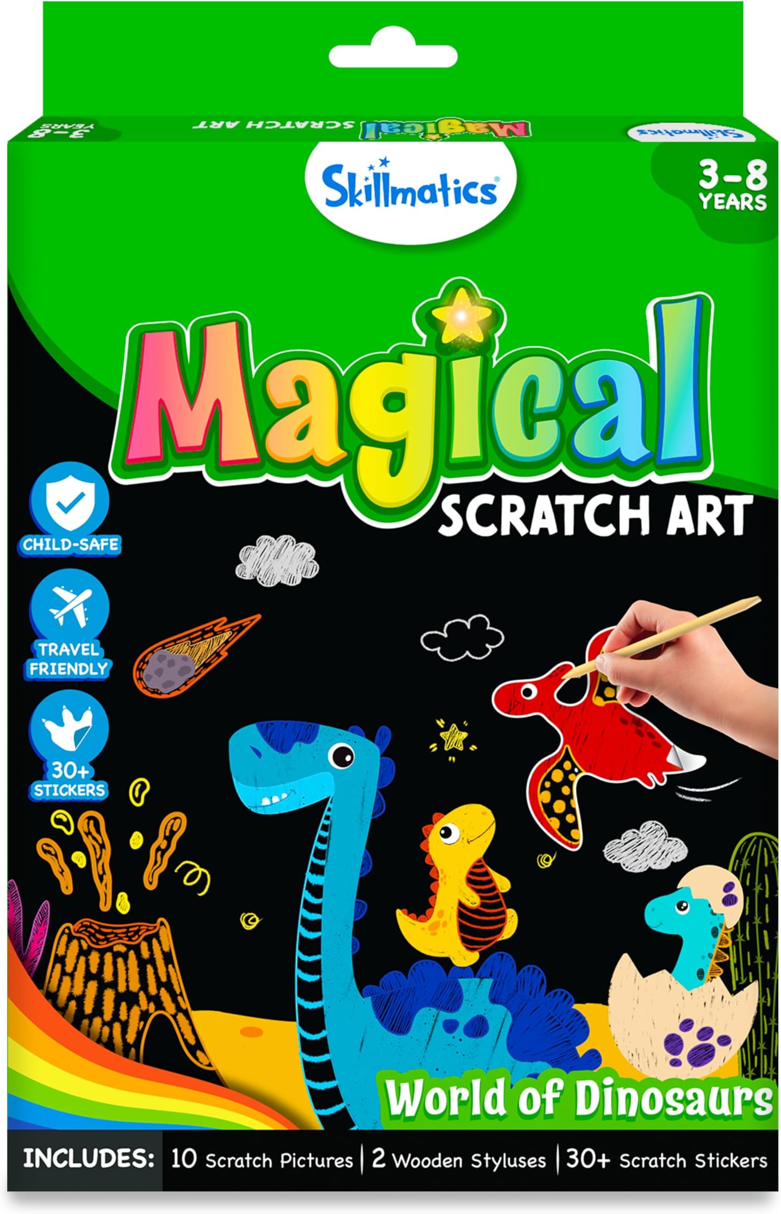 Skillmatics Scratch Art Book for Kids - Dinosaurs, Craft Kits & Supplies, 30+ Scratch Stickers, Travel Toys, DIY Kit, Gifts for Boys & Girls Ages 3, 4, 5, 6, 7, 8, Multicolour