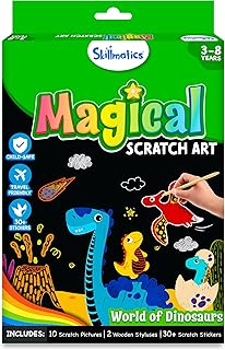 Skillmatics Scratch Art Book for Kids - Dinosaurs, Craft Kits & Supplies, 30+ Scratch Stickers, Travel Toys, DIY Kit, Gifts for Boys & Girls Ages 3, 4, 5, 6, 7, 8