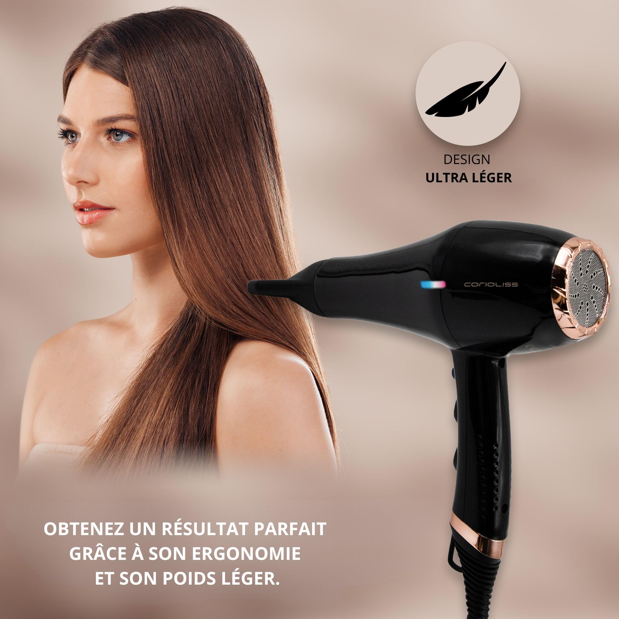 Corioliss Sèche-Cheveux Professionnel Ionique FLOW+ Black Copper 2000 W avec 3 réglages de température et 2 vitesses.