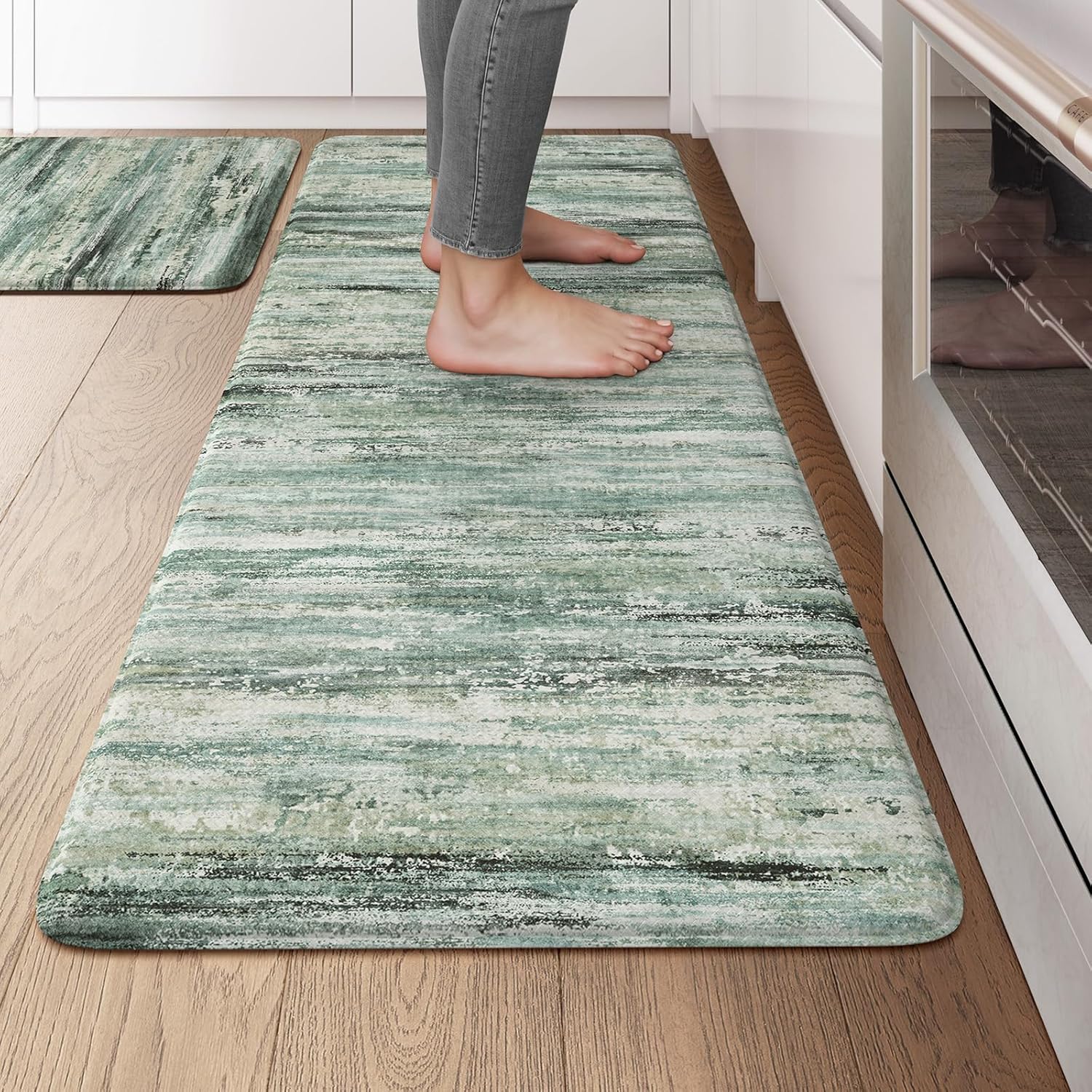 (Incomplete) KIMODE Anti Fatigue Kitchen Mats for Floor 20\"x47\"+20\"x32\", Cushioned Abstract Kitchen Rugs Sets of 2, Padded Kitchen Floor Mats, Comfort Standing Mats for Laundry Office Sink Desk Green 20\" x 47\"+20\" x 32\"--0.47 inches Green/Multi