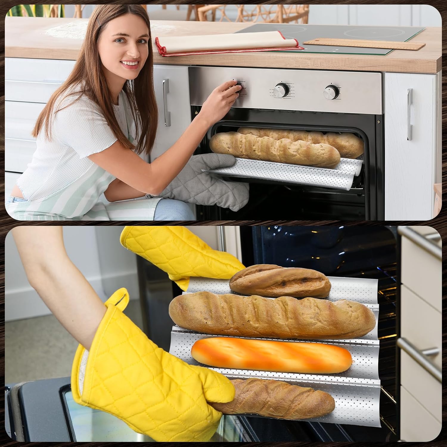 2 Sets Baguette Bread Pan Set Include 2 Pcs 15" x 13" Perforated French Bread Baking Pan 4 Nonstick Loaves Baguette Tray 2 Transfer Peel 2 Dough Couche Flax Proofing Cloth for Baker