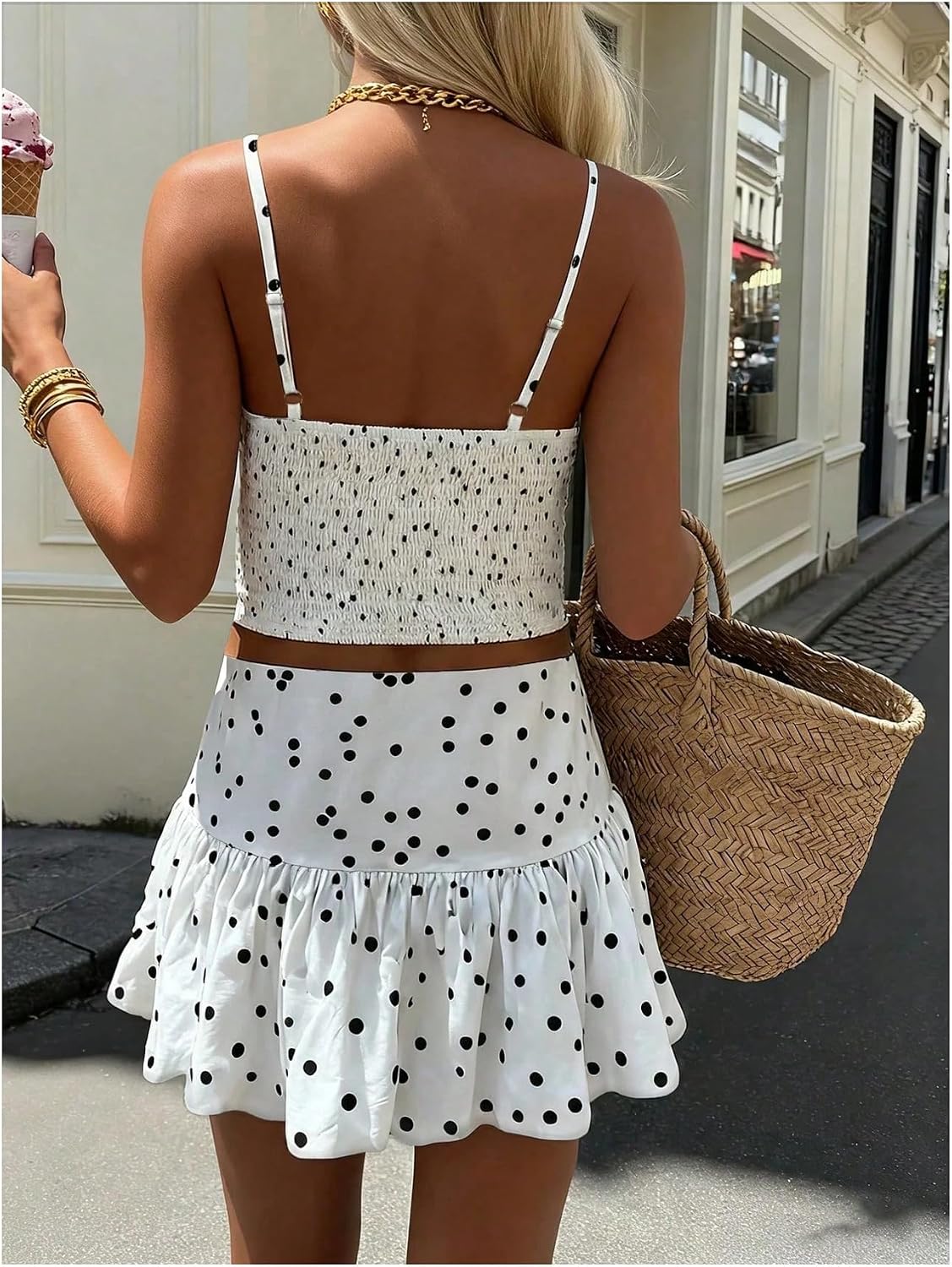 Milumia Women's Polka Dots 2 Piece Set Ruched V Neck Cami Crop Top Ruffle Mini Skirt Vacation Outfits