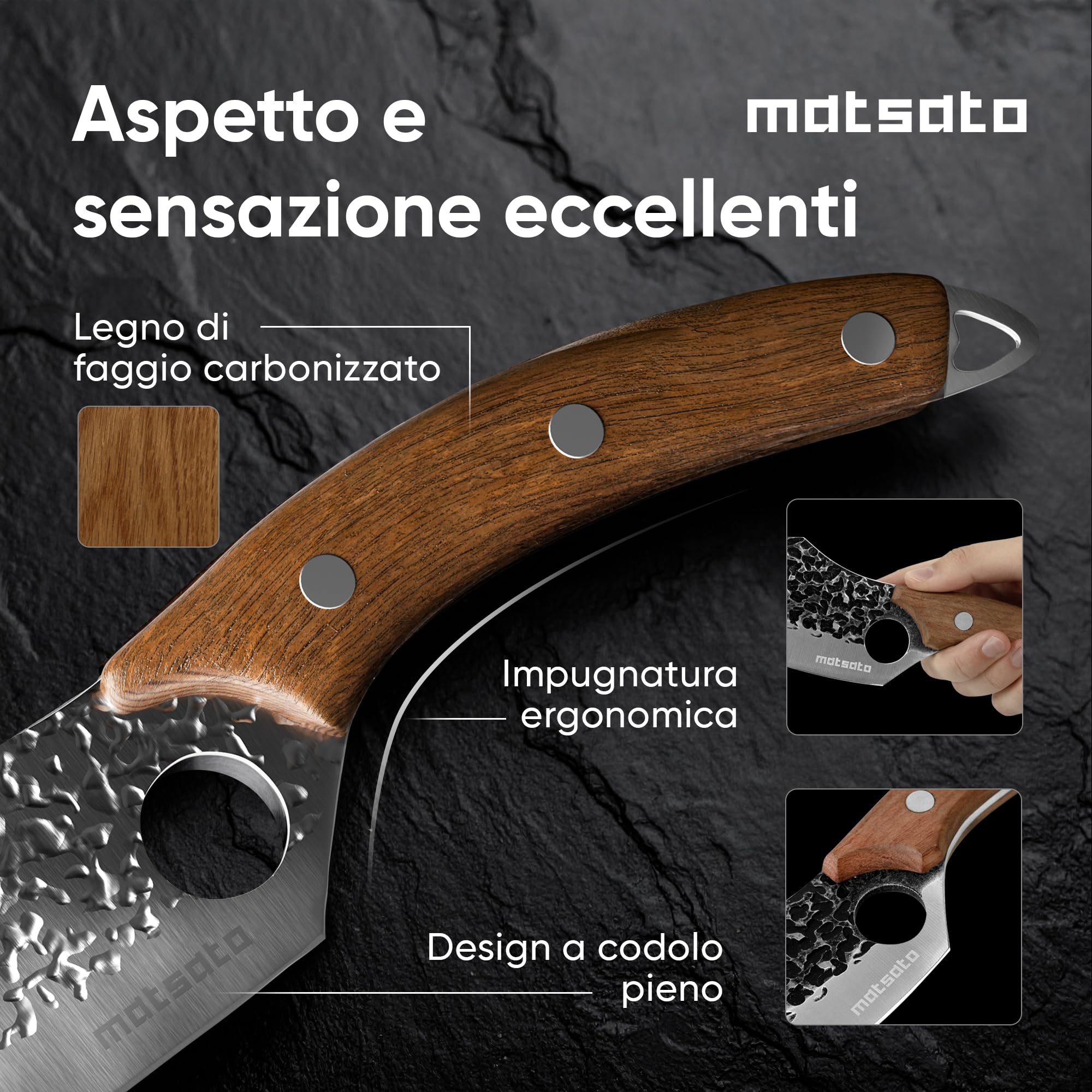Matsato Coltello da Cucina Professionale in Acciaio Giapponese - Coltello Chef con Lama da 16 cm, Manico in Legno di Faggio - Ideale per Cuoco e Accessori Barbecue
