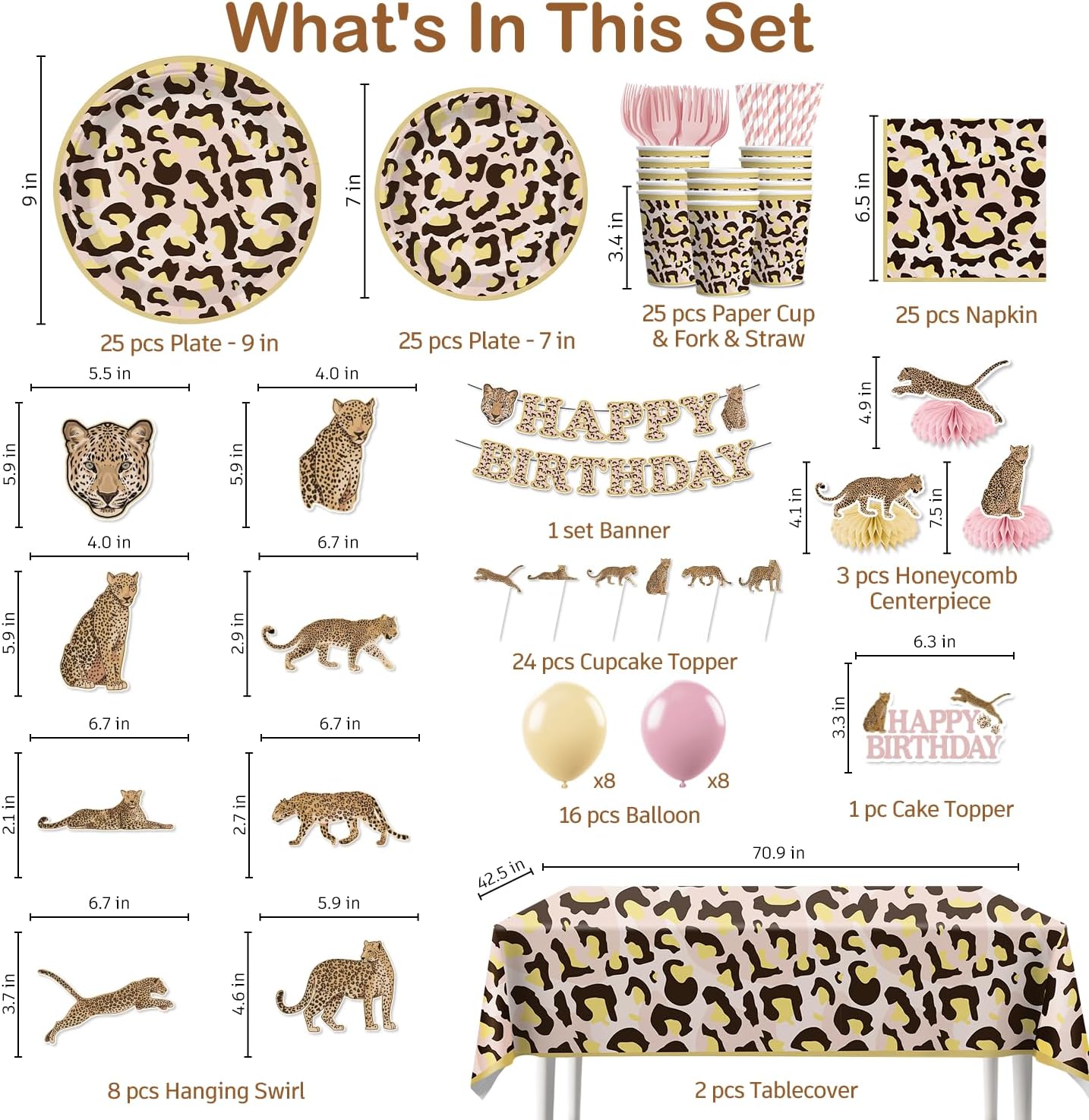 Cheetah Birthday Decorations, Leopard Party Animal Theme Tableware Cheetah Print Banner, Balloons, Cake Toppers, Pink and Cheetah Party Plates and Napkins Set with 2Pcs Tablecloth for Birthday