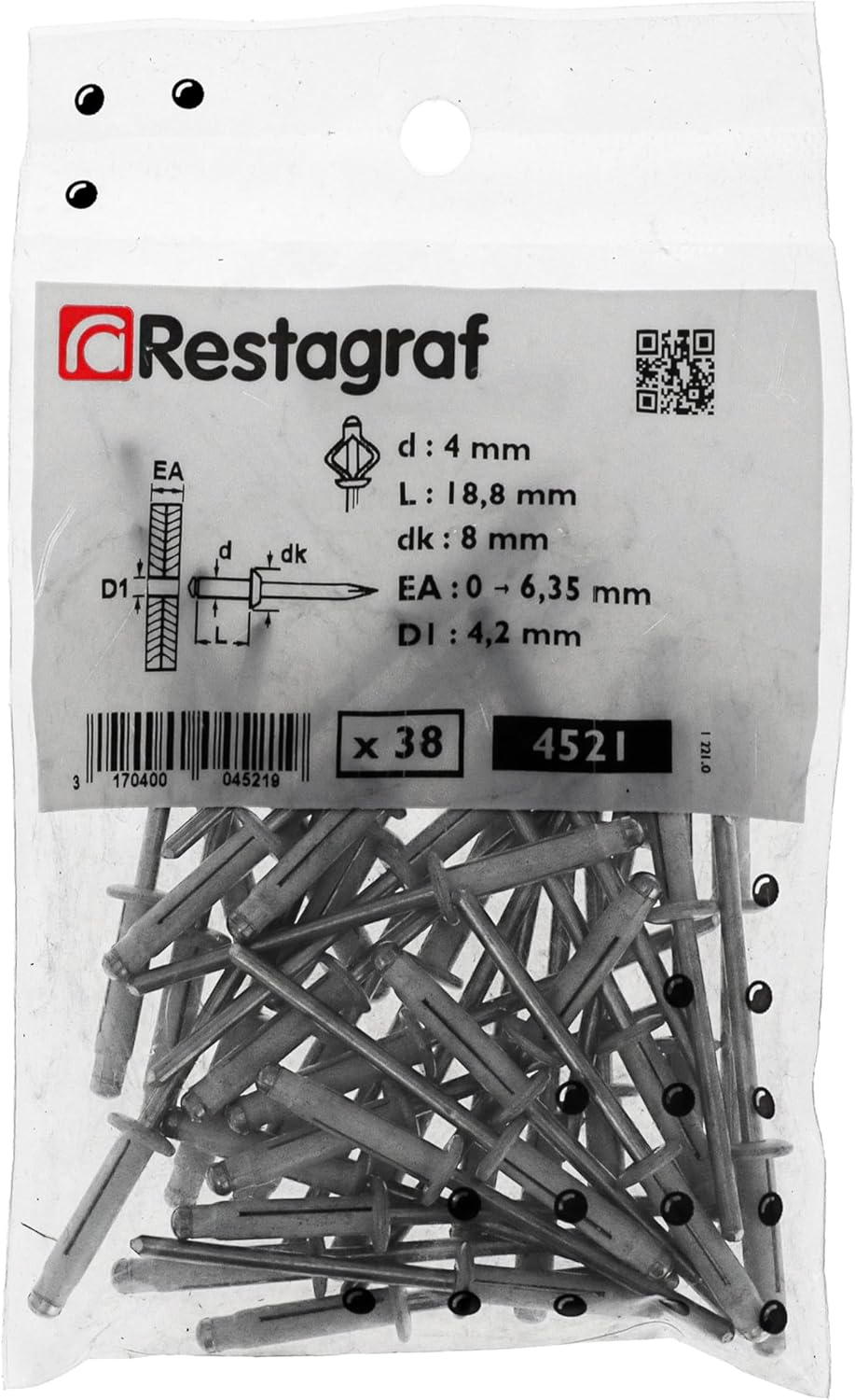 Restragraft 4521 Expandable Rivet, White, 0 to 6.35 mm x 18.8 mm