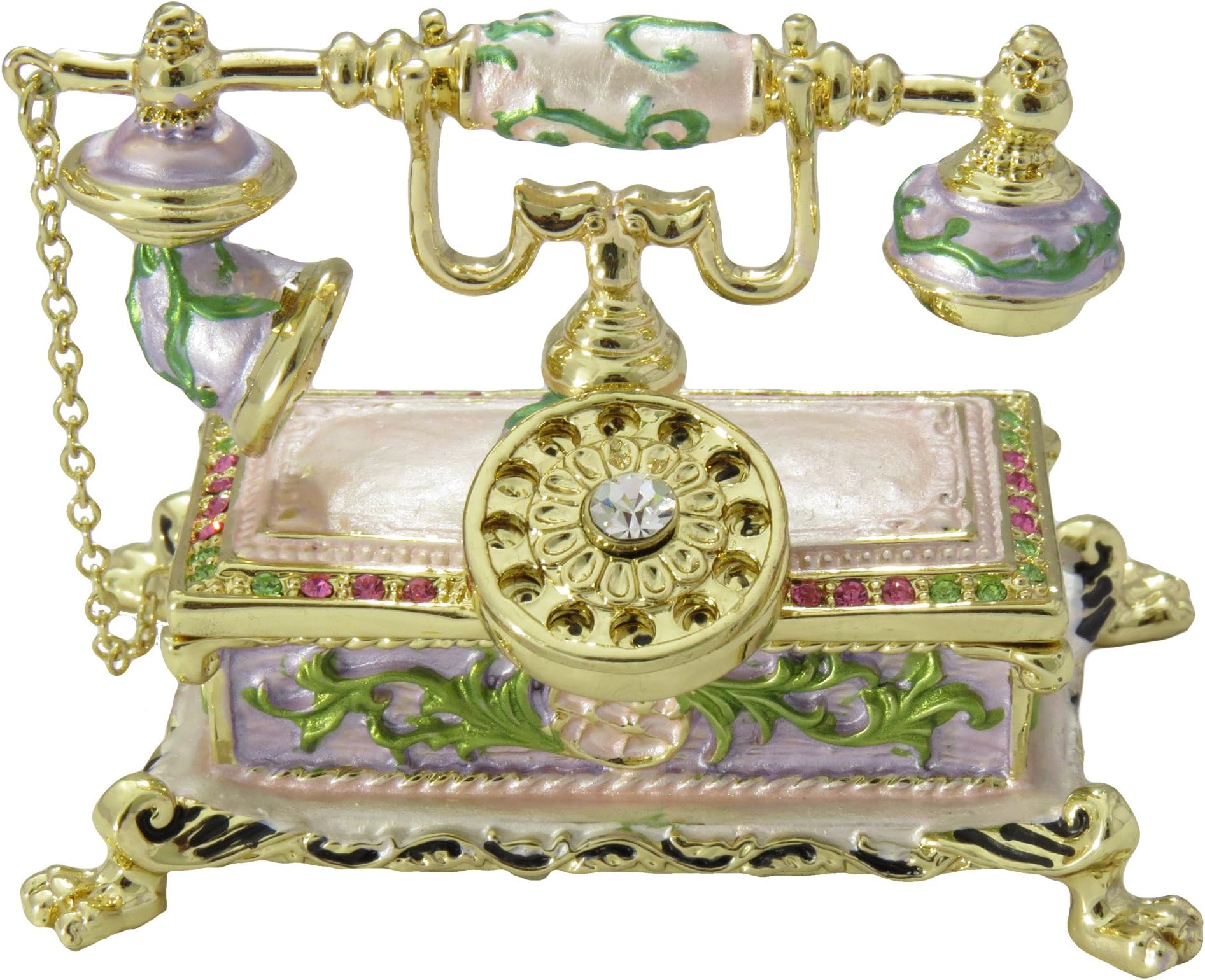White Vintage Rotary Phone Figurine Trinket, Pill, Jewelry Box Enameled with Swarovski Elements Crystals