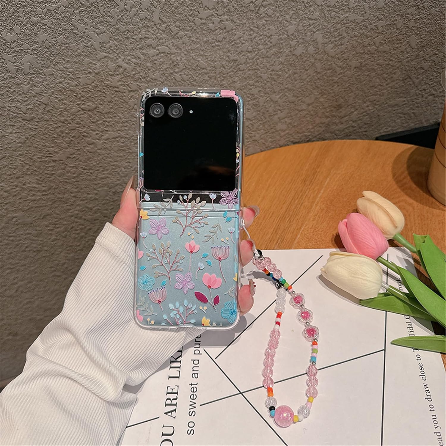 Clear Case Compatible with Motorola Razr Plus 2023 with Strap, Cute Flowers Pattern Shockproof Protective Cover Compatible with Moto Razr+ 2023 for Woman image 2