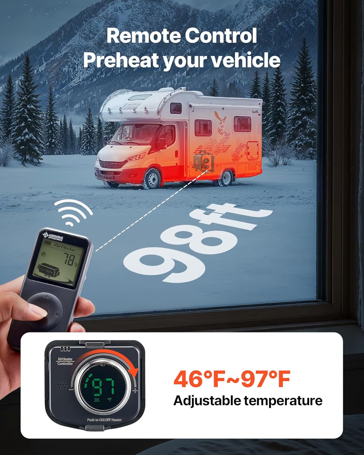 Image depicting a hand holding the remote control, pointing it towards an RV in a snowy landscape, illustrating the 98ft remote control range.