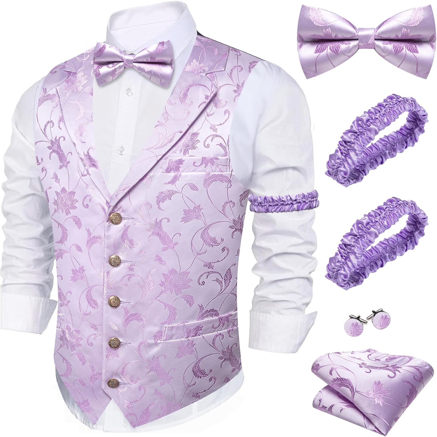 Barry.Wang Mens Silk Vest Bowtie Sleeve Holder Set Lapel Collar Formal Bow Tie Vests Handkerchief Wedding Party Waistcoat