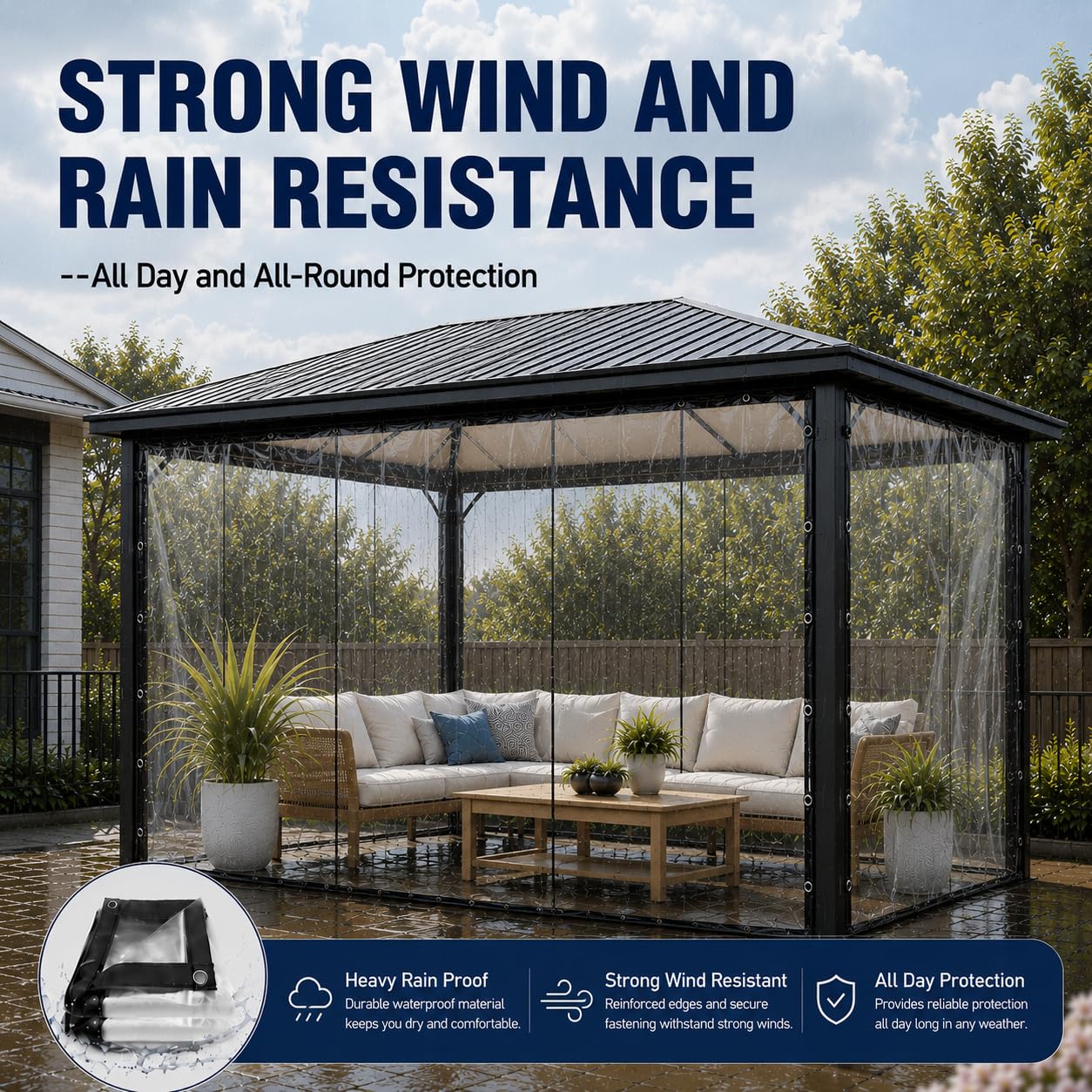 Zewnętrzna przezroczysta pokrywa 3 x 4 m, PVC 420 g/m² przezroczysta plandeka z 20 opaskami na kable, lina 10 m, wodoodporna przezroczysta pokrywa z oczkami, plandeka PCW na taras, do ogrodu
