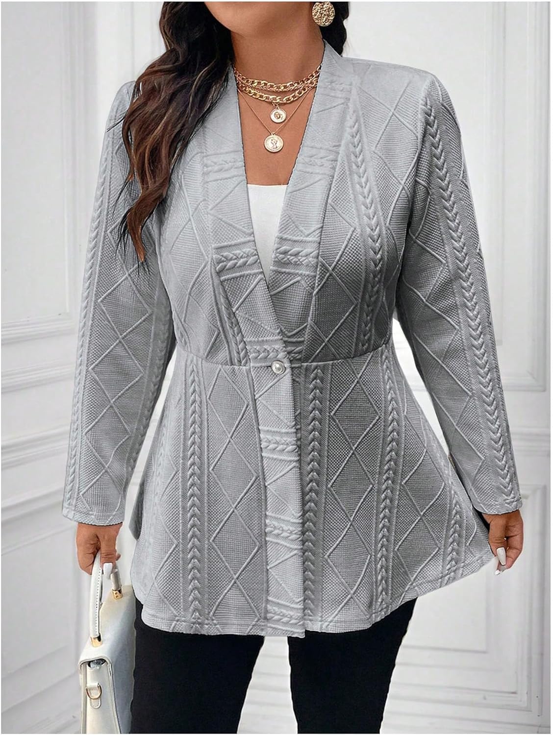 Milumia Women's Plus Size Textured Button Down Blazer V Neck Ruffle Hem Jacket - Image 6