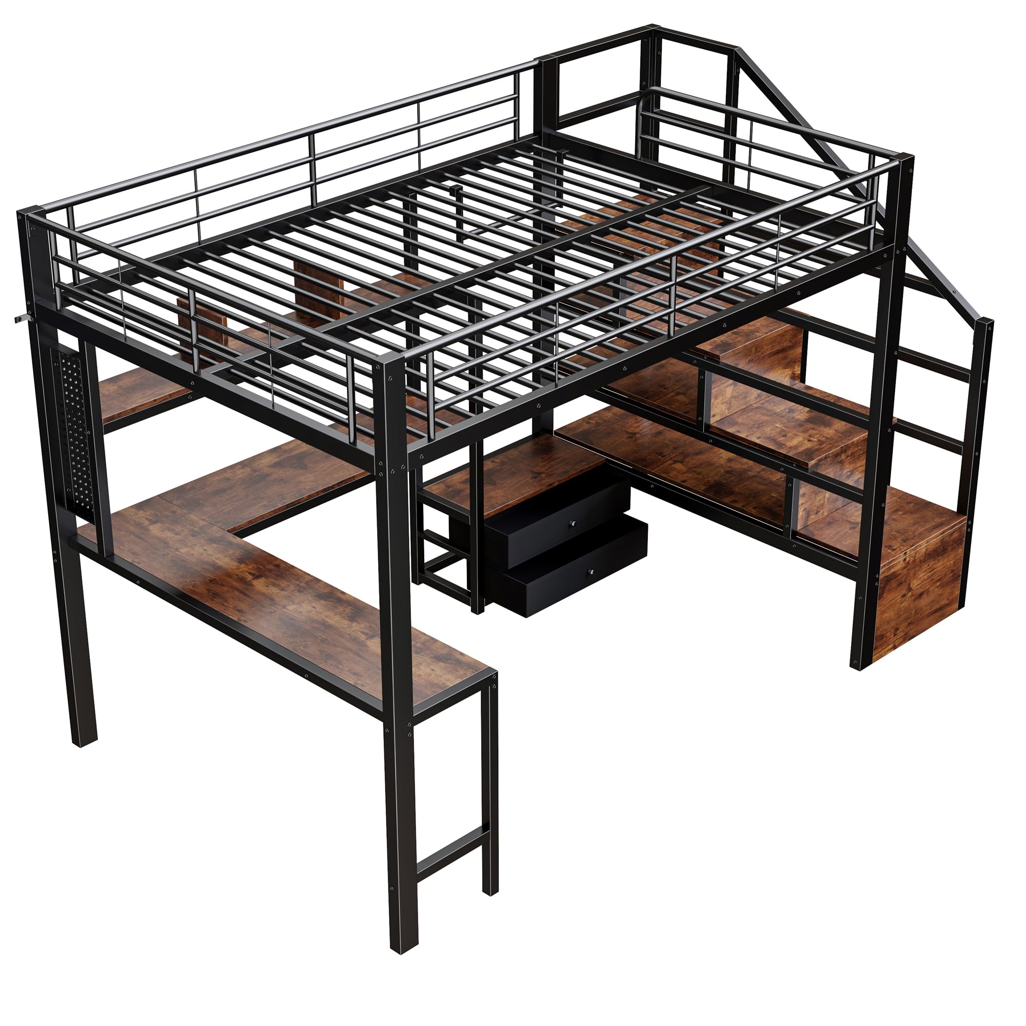 Cama alta de hierro 140 x 200 con luces LED, escritorio, 2 cajones, rejilla para colgar, litera para niños con escalera de almacenamiento, estructura de cama individual, color negro