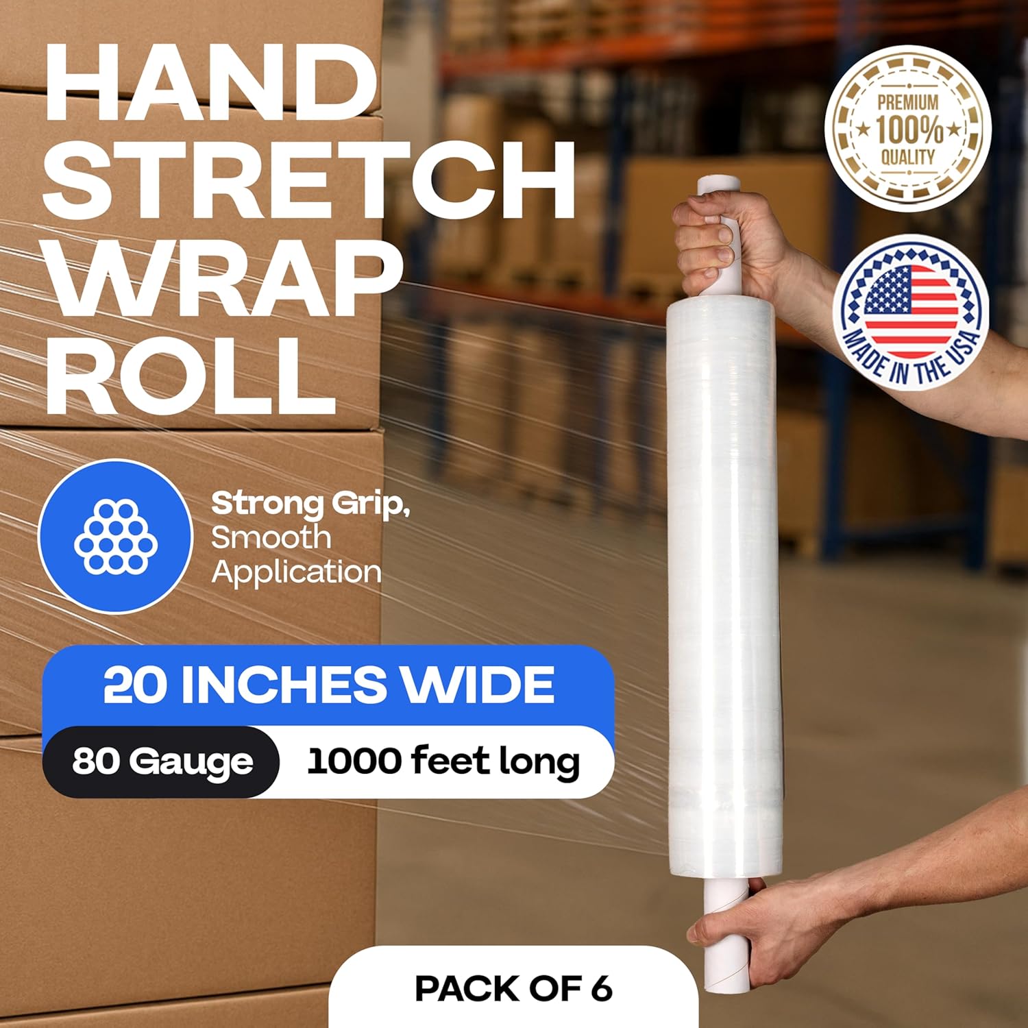 IDL Packaging 20" x 1000' Hand Stretch Wrap Roll with Extended Core Handles (Pack of 6 Rolls) - Extra Sticky Clear Stretch Wrap Film for Moving and Packing - Tear-Resistant Plastic Wrap for Moving