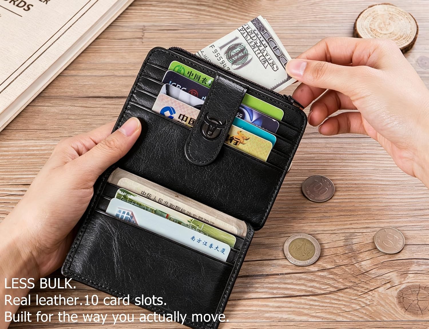 BULLCAPTAIN Genuine Leather Card Holder for Men RFID Blocking Slim Bifold Wallet with Multiple Card Slots and ID Window (black)