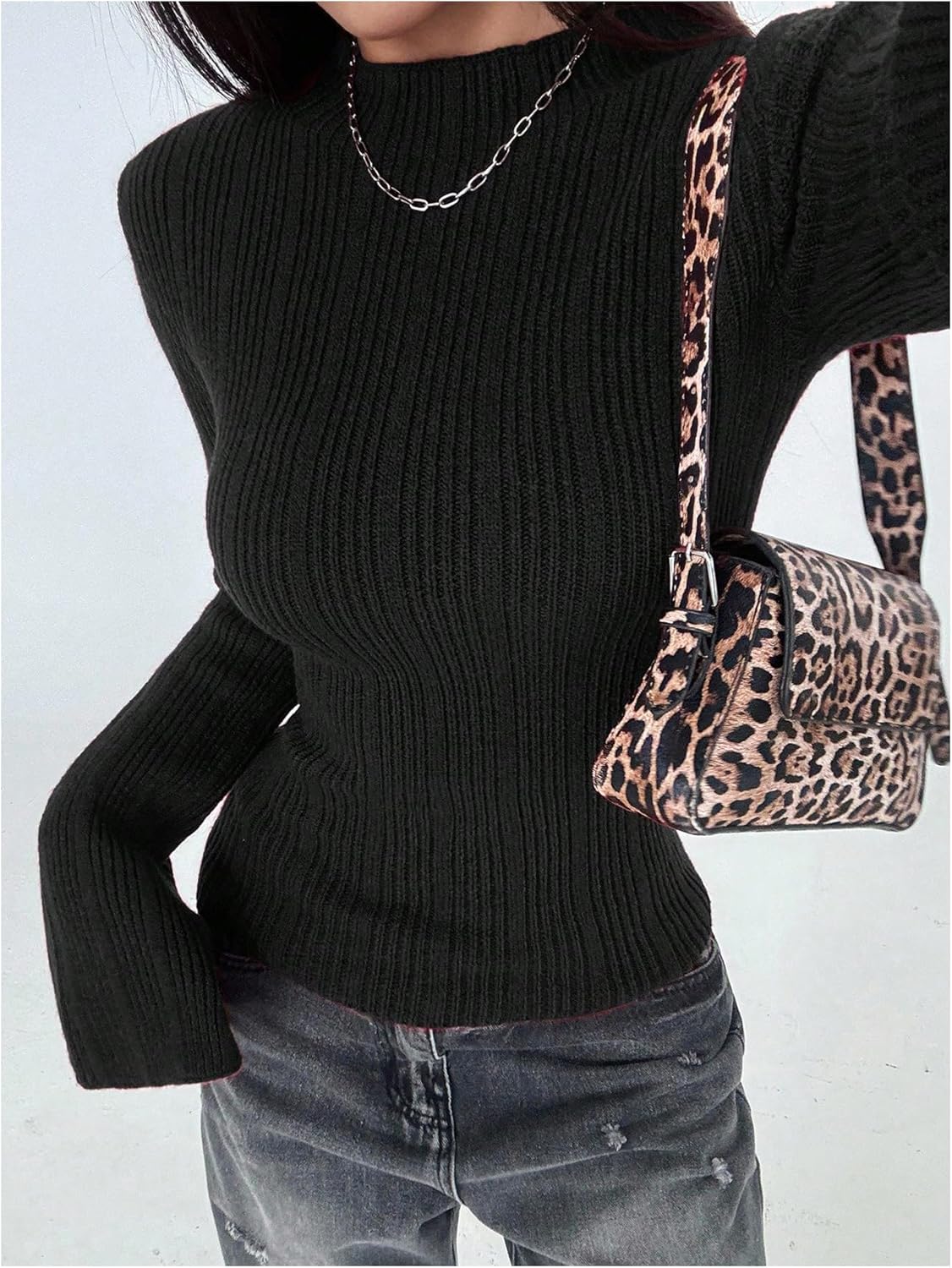 Women's Ribbed Knit Flared Sleeve Sweaters Mock Neck Slim Fit Knit Tops Basic Tops - Image 4
