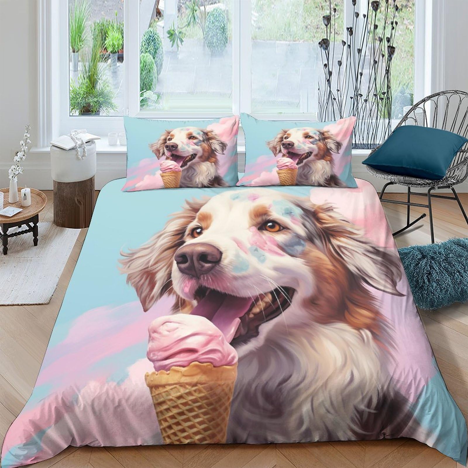HOTGE Cute Dog Bedding Set For Girls Boys Gift Kids 3D Printed Animal Puppy Duvet Cover Set With Pillowcases Quilt Cover Soft Bedroom Bedspread Double（200x200cm）