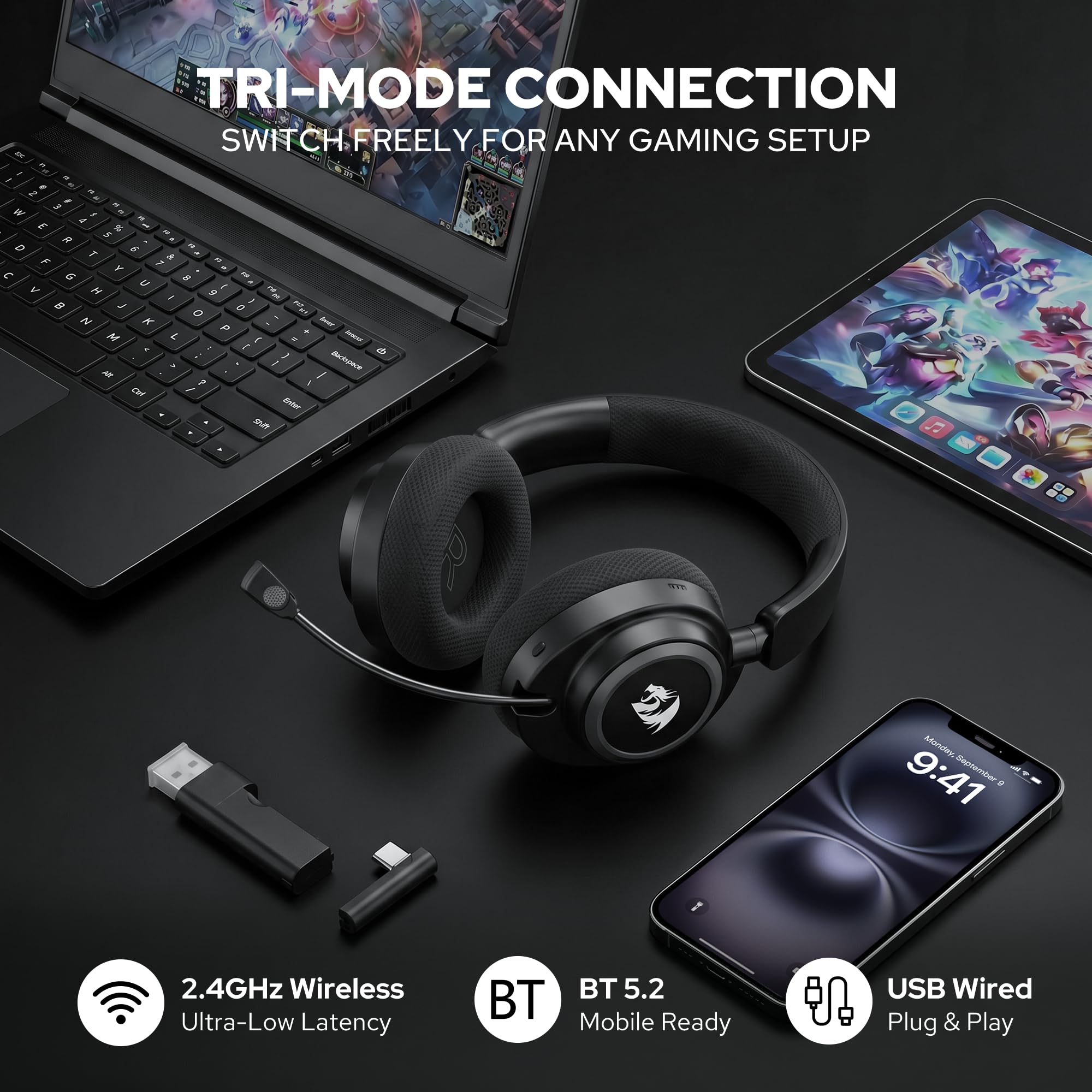 Redragon H891 Casque Gamer Tri Mode sans Fil 65H Autonomie 71 50mm V2