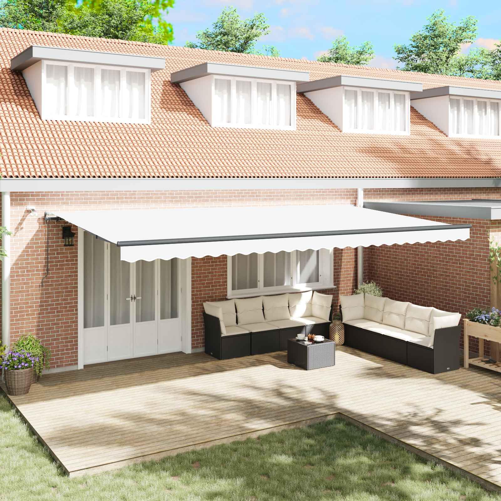 Toldo de brazo articulado 600 x 300 cm, blanco, toldo eléctrico con mando a distancia y sensor de luz de viento, protección solar retráctil de poliéster para terraza, balcón y jardín
