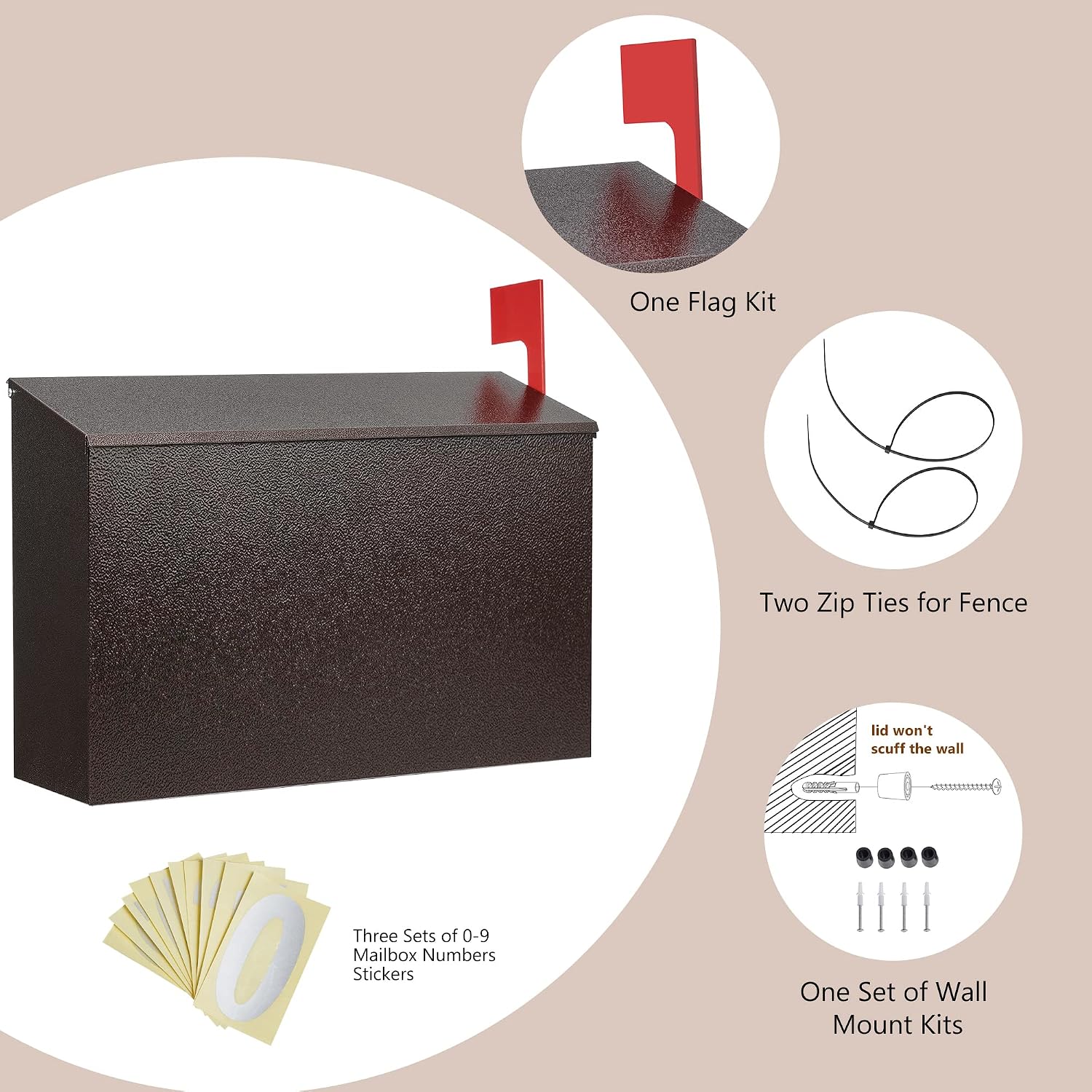 LAND·VOI Wall-Mount Mailbox with One Flag Kit and Three Sets of 0-9 Mailbox Number Stickers, Galvanized Steel Rust-Proof Metal Post Box,Mailboxes for Outside,15.2"x10.4"x5.2" Textured Bronze