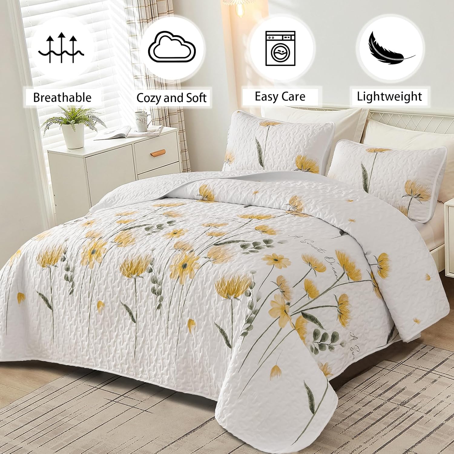 Dinjoy Quilt Set Queen Cute Floral Bedspread Coverlet Yellow Flower Quilts Microfiber Lightweight Summer Bedding Sets Reversible Soft Quilted Bed Cover for All Season(96"x90") - Image 5