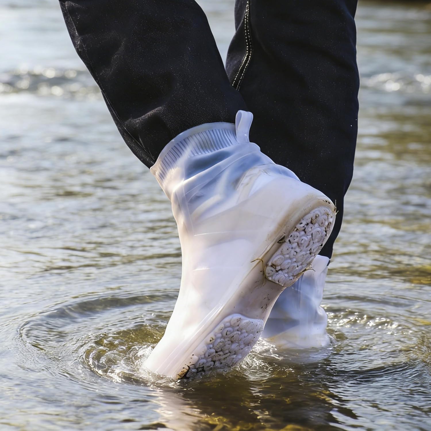 Transparent Waterproof Shoe Covers with Anti-Slip Rubber Sole, Reusable Rain Overshoes with Compact Storage Pouch for Commuting, Hiking, Cycling