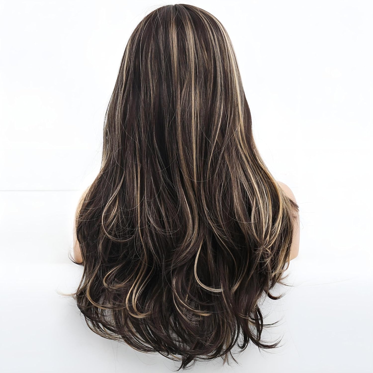 Long Wavy Blonde and Brown Wig for White Black Women, Synthetic Beach Loose Body Wave Brunette Wig with Blond Highlight, Realistic Curly Sexy Natural Looking Hispanic Ladies Hair Wigs