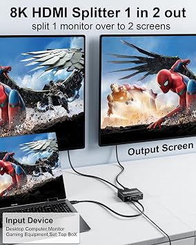 8K HDMI Splitter 1 in 2 Out for Dual Monitor - HDMI Splitter 1x2 Duplicate Mirror Screens 8K@60Hz, 4K@140Hz, EDID, HDCP, HDR10, VRR, Dolby Vision Atmos, for PS5 PS4 Xbox Fire TV Apple TV PC Laptop