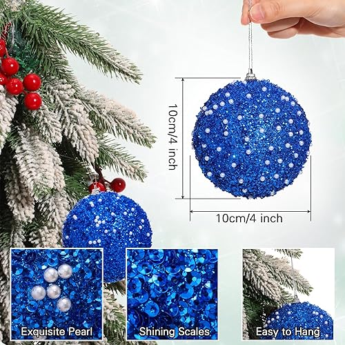 Vista 26 de Lyrow Juego de 24 adornos de bolas de Navidad con purpurina de 4 pulgadas, bolas de Navidad a granel, adornos colgantes de espuma de lentejuelas