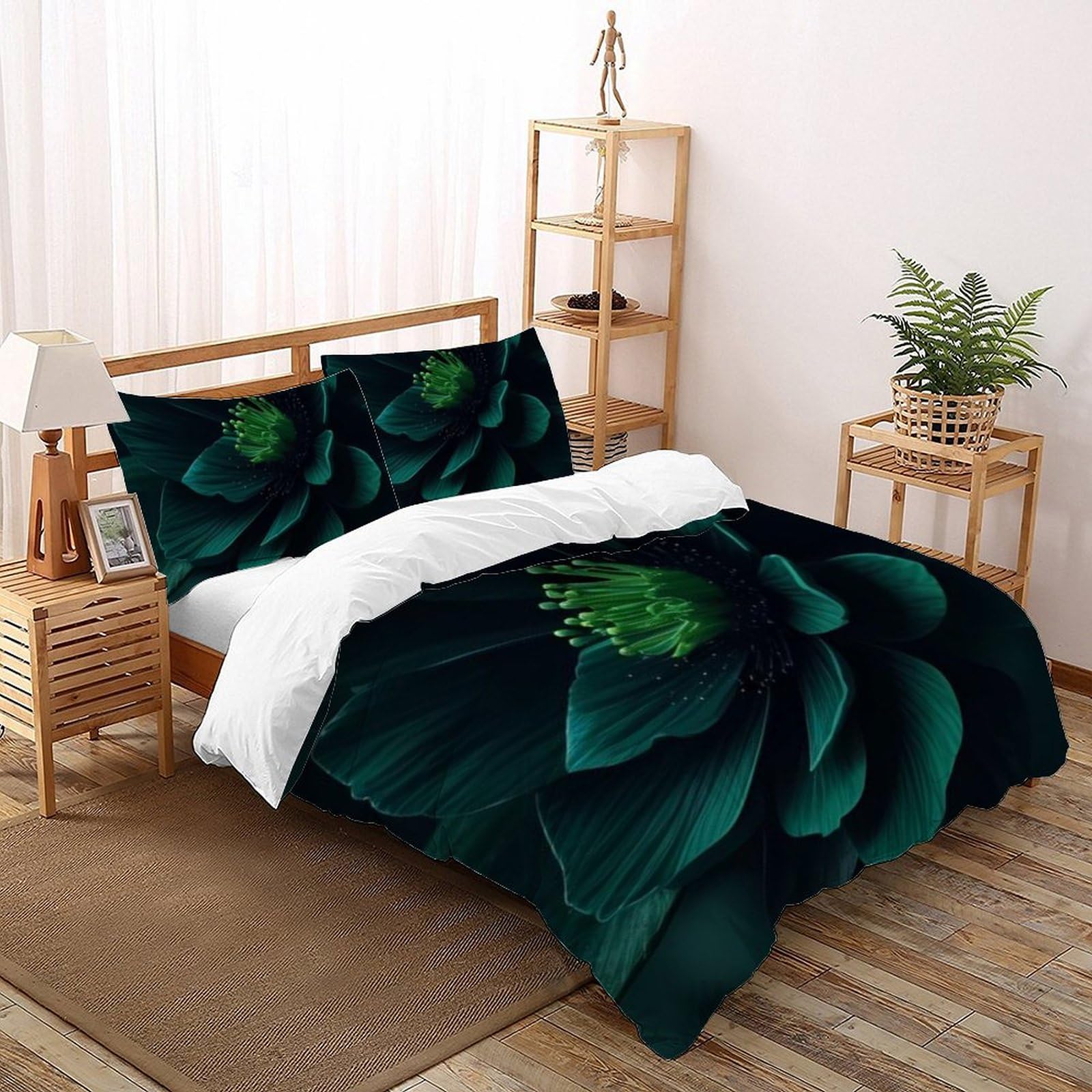 Housse de couette king parure de lit microfibre plantes vertes étamines bleues 220x240
