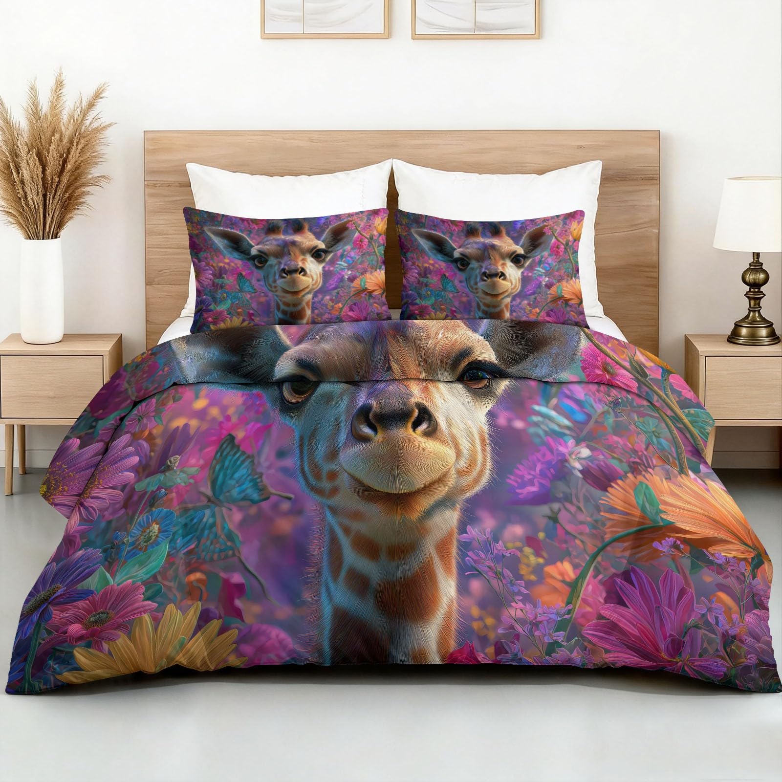 Housse de couette 140x200 girafe avec 2 taies d'oreiller fleurs aquarelle pour lit enfant fille