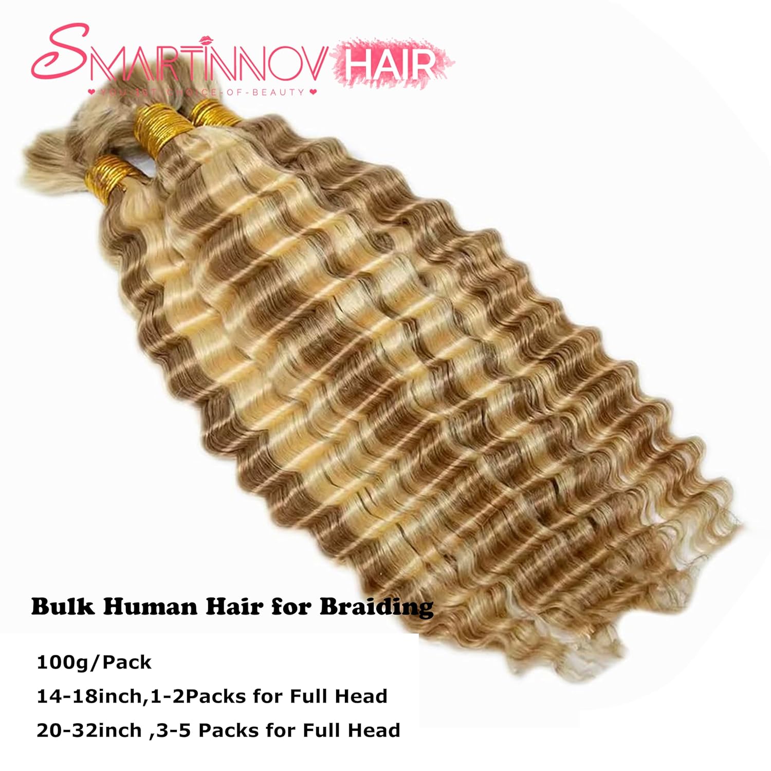 Boho Braids Blonde Human Braiding Hair Deep Water Wave Bulk Human Hair 100g 24 Inch Curly for Boho Braids Hair Extensions No Weft 2 Bundles/Pack for Women Ombre Honey Blonde to Bleached Blonde