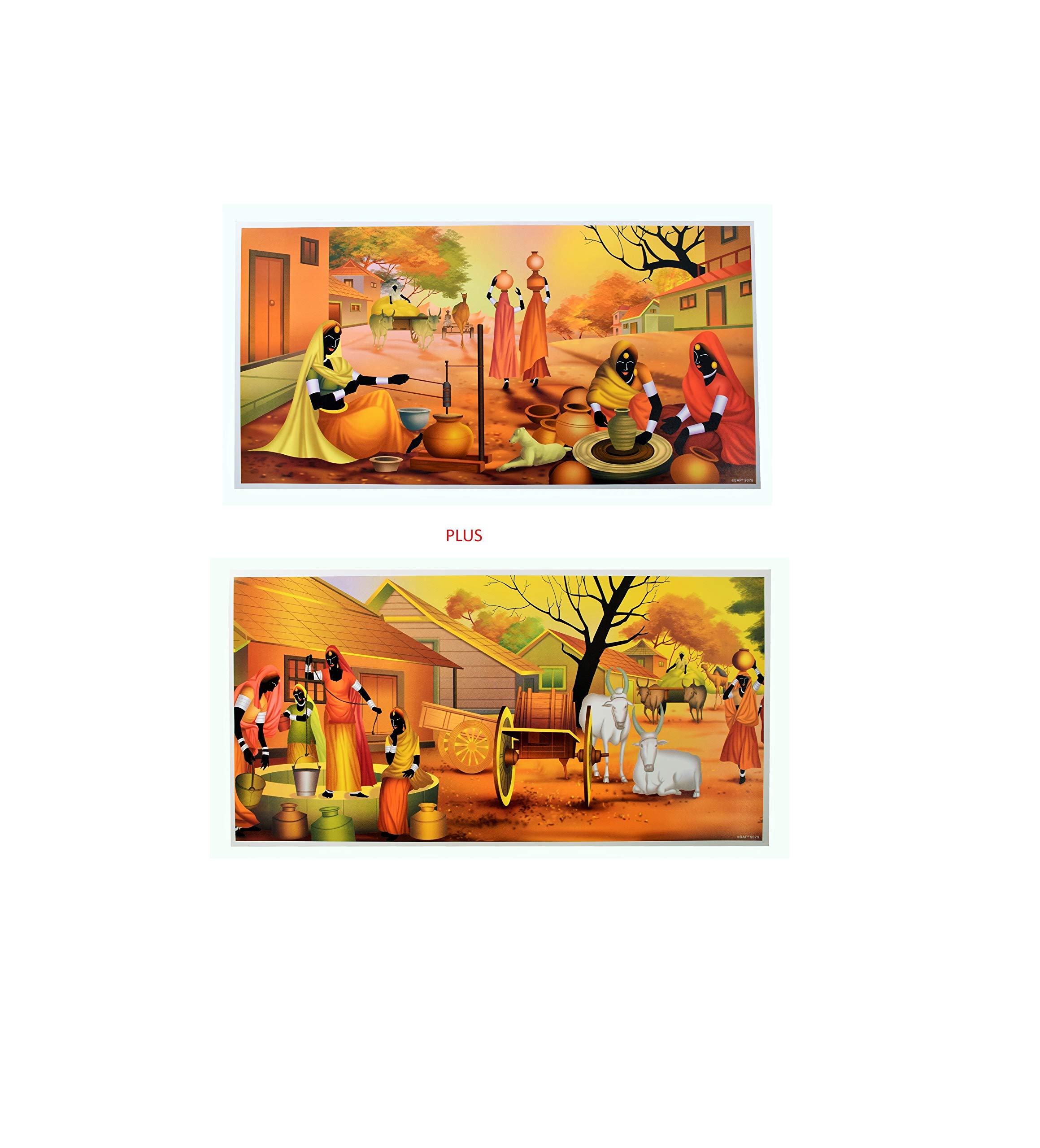 Affiches en papier moderne village multicolores 20x101,6 cm lot de 2