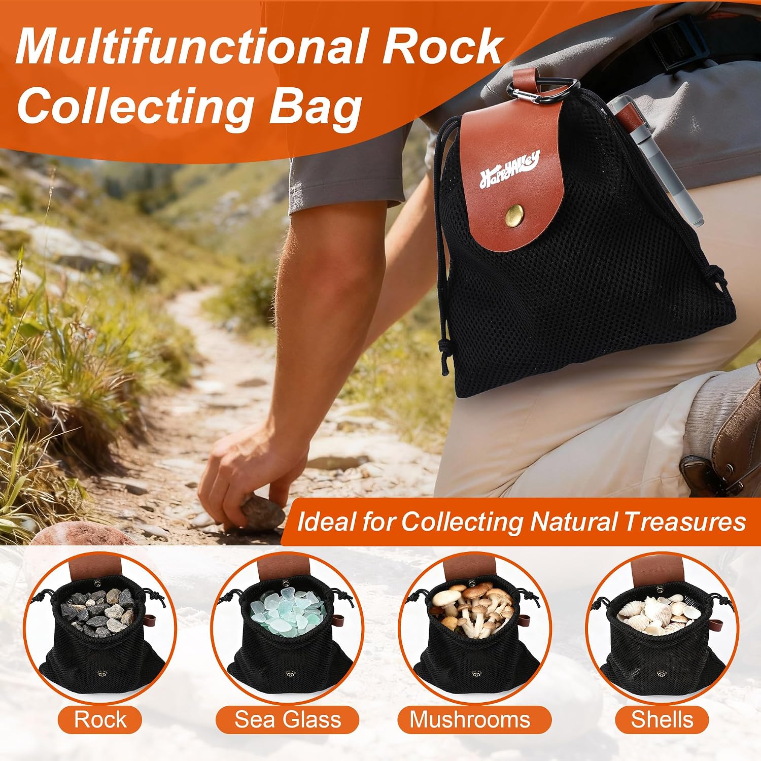 Outdoor Rock Collecting Bag, Nylon Mesh Rockhounding Bag | Collapsible Rock Collection Pouch with Drawstring & Carabiner, Shell Foraging Pouch for Rockhound, Camping, Treasures, Hiking