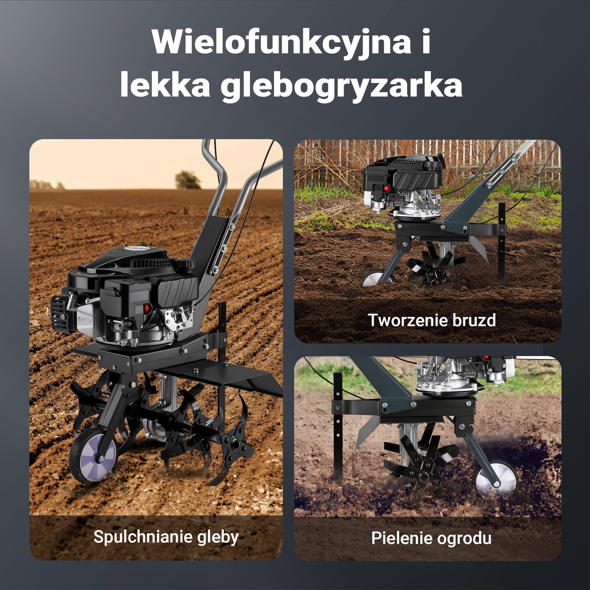 Wiltec Glebogryzarka spalinowa o szerokości roboczej 60 cm, kultywator ogrodowy z silnikiem 144 ccm 3,4 KM z 6 tarczami