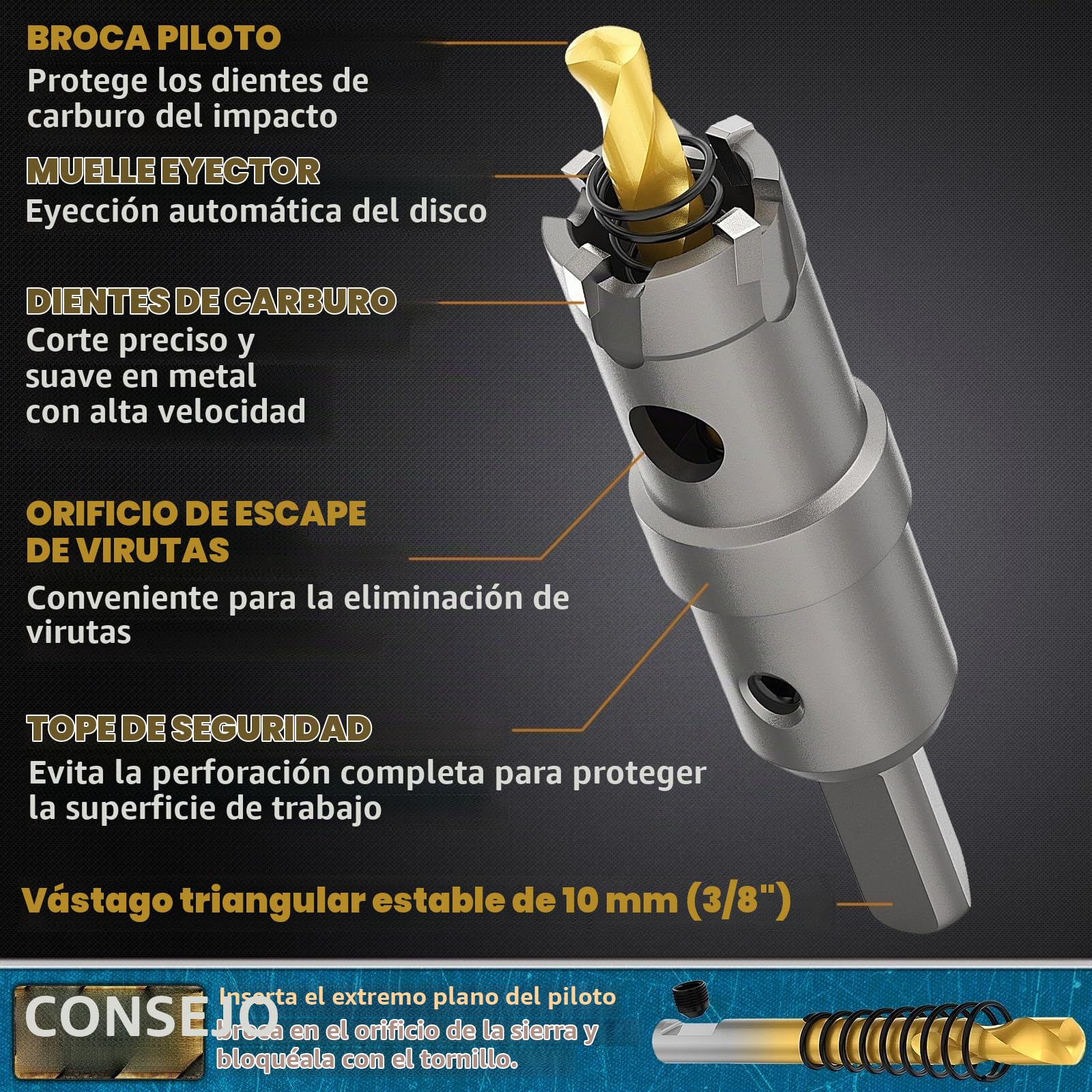 DAIMIT Juego de 19 sierras de corona TCT 13–54 mm, brocas de carburo de tungsteno, para metal, acero inoxidable, hierro, madera y plástico, con 3 broques pilotos y 3 llaves Allen