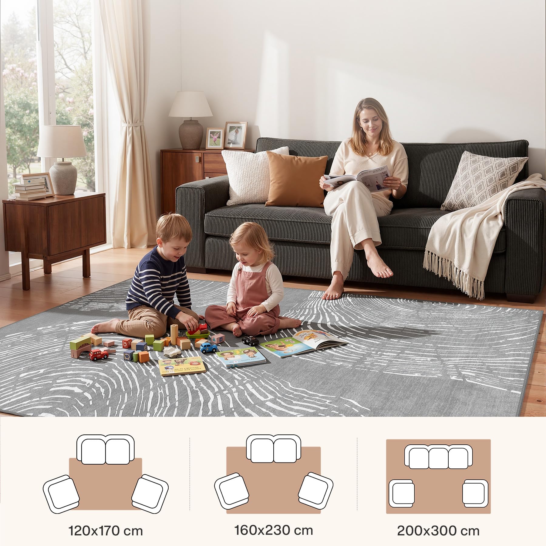 Tribesigns Tapis lavable pour salon, 160 x 230 cm, doux, bohème, minimaliste, antidérapant, à poils courts, pour entrée et cuisine, certifié Oeko-Tex, gris