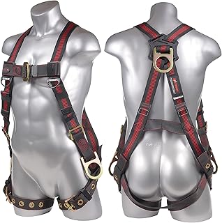 KStrong UFH10231G Kapture Elite 5-Point Full Body Safety Harness Fall Protection with 3 D-Rings and Tongue Buckle Legs, ANSI Compliant, M-L, Red/Black