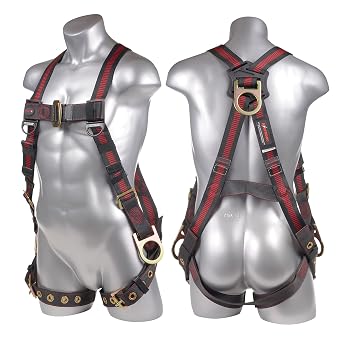 KStrong UFH10231G Kapture Elite 5-Point Full Body Safety Harness Fall Protection with 3 D-Rings and Tongue Buckle Legs, ANSI Compliant, S-M, Red/Black