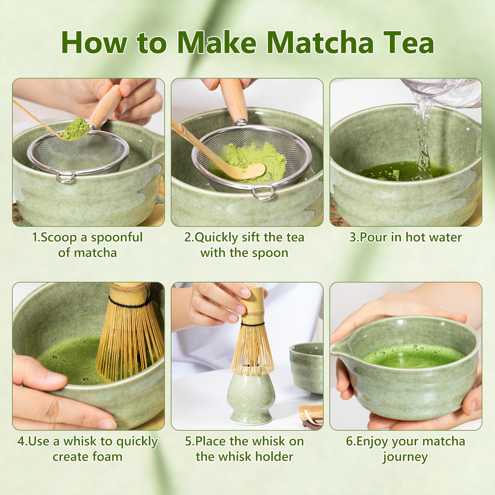 Set di Fruste per Matcha, Set da Tè Matcha da 7 Pezzi con Frusta in Bambù Ciotola in Ceramica Cucchiaio e Supporto Kit di Partenza Tradizionale per la Cerimonia del Tè (Verde)