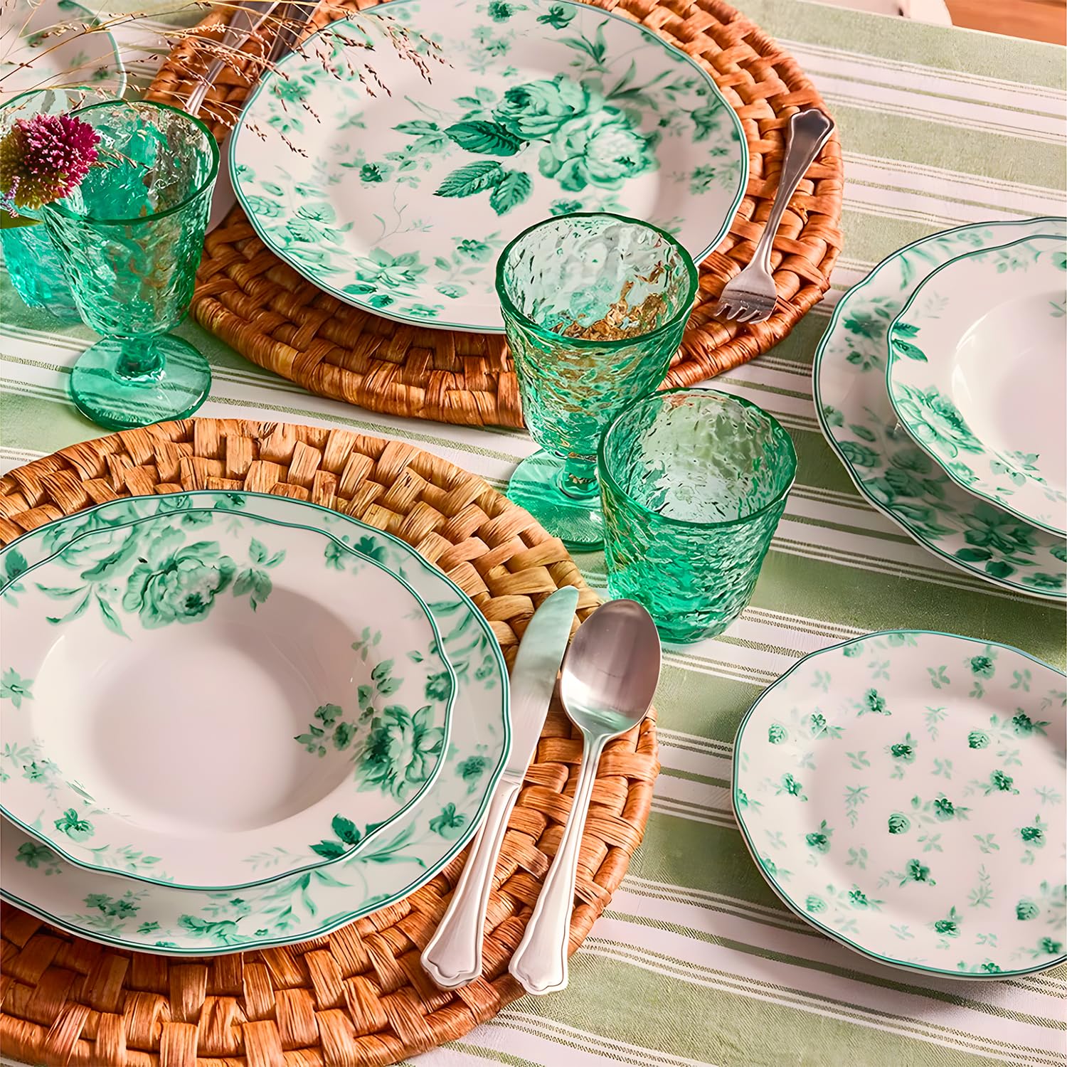 Wintem Porcelanowy serwis obiadowy z talerzami obiadowymi, talerzami obiadowymi i deserowymi - idealny na specjalne okazje lub do codziennego użytku - zestaw talerzy dla 6 osób - biały z zielonymi