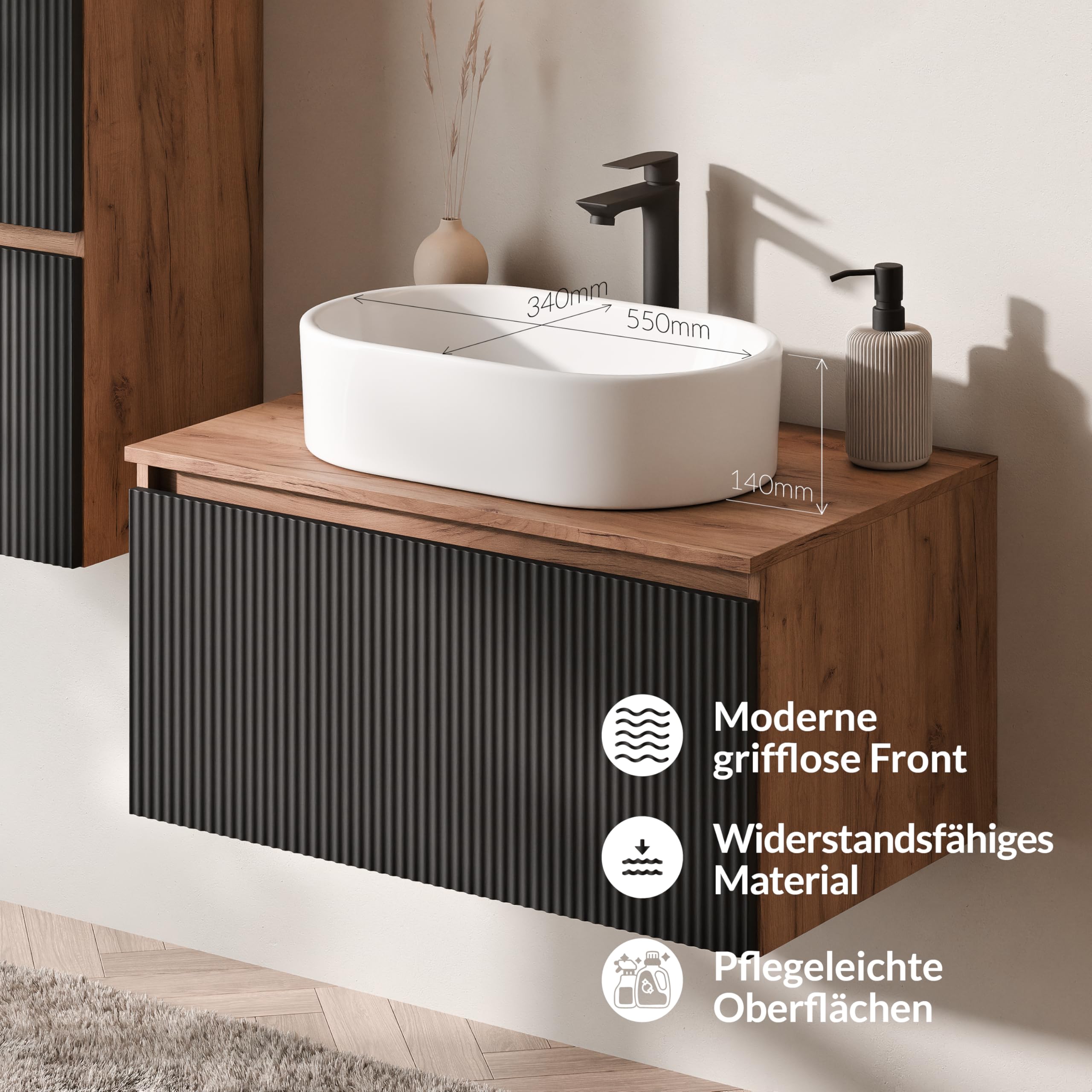 Planetmöbel Arisa - Juego de muebles de baño con armario bajo (80 cm, roble dorado y negro estriado) con armario ARIA con espejo y armario alto, lavabo de 55 cm, color blanco, incluye sifón para